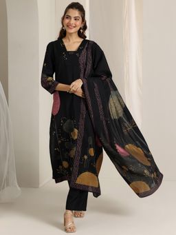 Libas - Black Floral Printed Straight Kurta with Pant and Dupatta (Set of 3)