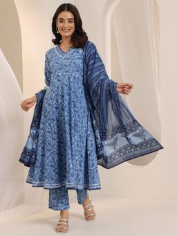 Libas - Blue Floral Printed Anarkali Kurta with Pant and Dupatta (Set of 3)