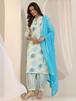 Libas - Off White Floral Printed Straight Kurta with Salwar and Dupatta (Set of 3)