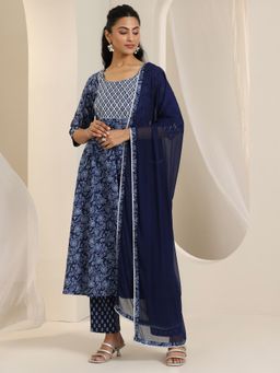 Libas - Navy Blue Floral Printed Anarkali Kurta with Pant and Dupatta (Set of 3)