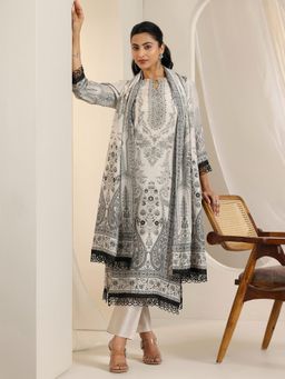 Libas - White- Black Paisley Printed Straight Kurta with Pant and Dupatta (Set of 3)