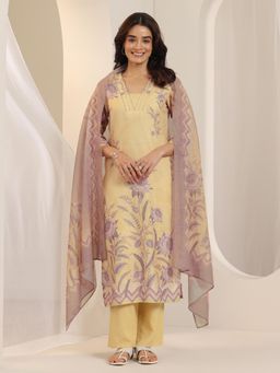 Libas - Yellow Floral Printed Straight Kurta with Pant and Dupatta (Set of 3)