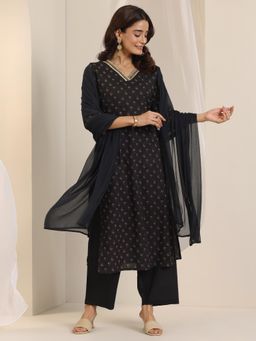 Libas - Black Floral Printed Straight Kurta with Pant and Dupatta (Set of 3)