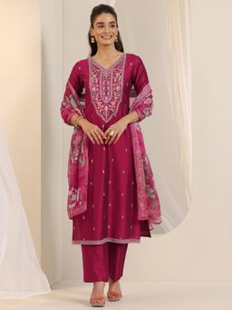 Libas - Fuchsia Pink Floral Embroidered Straight Kurta with Pant and Dupatta (Set of 3)
