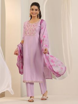 Libas - Lavender Floral Embroidered Kurta with Pant and Dupatta (Set of 3)