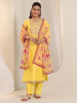 Libas - Yellow Floral Embroidered Kurta with Pant and Dupatta (Set of 3)