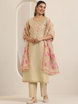 Libas - Beige Floral Embroidered Kurta with Pant and Dupatta (Set of 3)