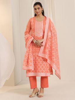 Libas - Orange Floral Woven Straight Kurta with Pant with Dupatta (Set of 3)