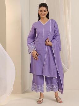 Libas - Purple Solid Embroidered Kurta with Palazzo with Dupatta (Set of 3)