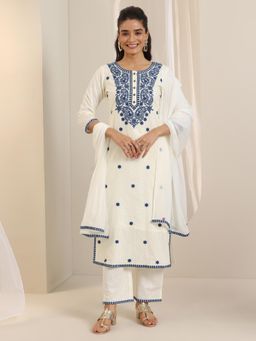 Libas - Off White Floral Embroidered Kurta with Pant and Dupatta (Set of 3)