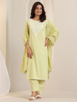 Libas - Lime Green Embroidered Woven Kurta with Pant and Dupatta (Set of 3)