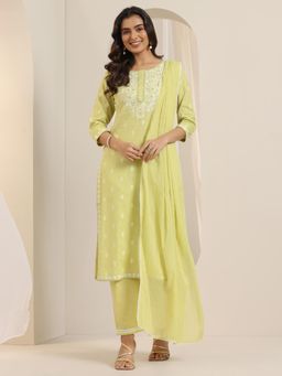Libas - Lime Green Embroidered Woven Kurta with Pant and Dupatta (Set of 3)