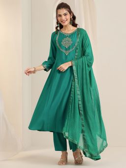 Gerua By Libas - Green Floral Embroidered A-Line Kurta with Pant and Dupatta (Set of 3)