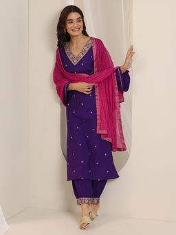 Gerua By Libas - Purple Zari Embroidered Straight Kurta with Salwar and Dupatta (Set of 3)