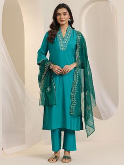 Gerua By Libas - Rama Green Embroidered Kurta with Pant and Sequined Dupatta (Set of 3)