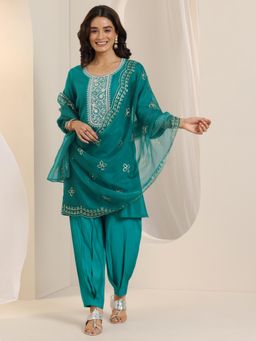 Gerua By Libas - Rama Green Embroidered Kurta with Salwar and Sequined Dupatta (Set of 3)