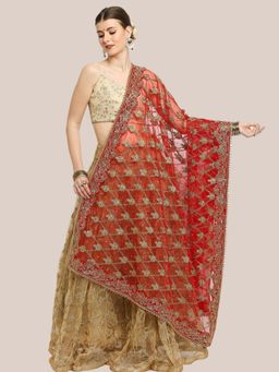 Dupatta Bazaar - Womens Embroidered Bridal & Wedding Wear Net Red Dupatta