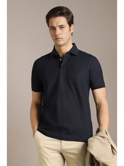 Louis Philippe - Men Navy Blue Textured Polo T-Shirt