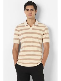 Peter England - Men Beige Stripes Polo T-Shirt