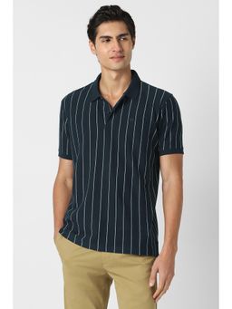 Peter England - Men Navy Blue Stripes Polo T-Shirt