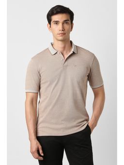 Peter England - Men Beige Textured Polo T-Shirt