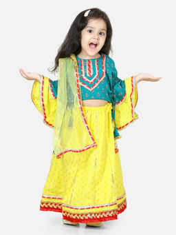 BownBee - Printed Cotton Frill Sleeves Top With Lehenga For Girls- Green (Set of 3)