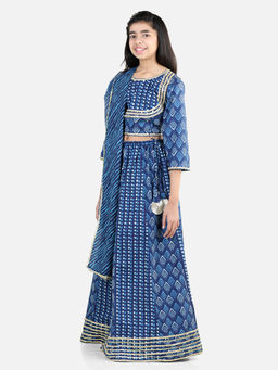 BownBee - Girls Pure Cotton Printed Lehenga Choli Dupatta Set - Blue (Set of 3)