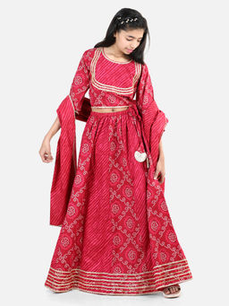BownBee - Girls Pure Cotton Printed Lehenga Choli Dupatta Set - Pink (Set of 3)