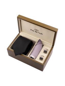 The Tie Hub - Black Necktie With Pocket Square & Cuff link Gift Set
