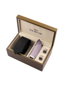 The Tie Hub - Solid Black Necktie With Pocket Square & Cufflink Gift Set