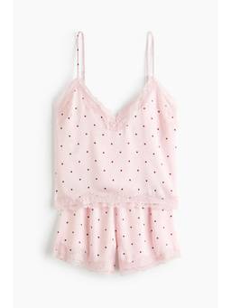 H&M - Women Pink Lace-Trimmed Satin Strappy Top with Shorts