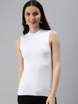SHOWOFF - Women's Solid Fitted White High Neck Top