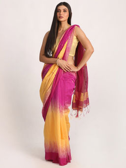 Angoshobha - Fuchsia & Yellow Cotton Blended Handloom Jamdani Saree with Unstitched Blouse