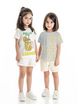 Nautinati - Girls Mango & Lemon Print Cotton T-shirts (Pack of 2)