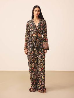 Ritu Kumar - Black Viscose Floral Top with Pant