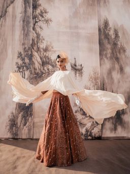 October - Women Chocolate Beige Embroidered Skirt and Cape