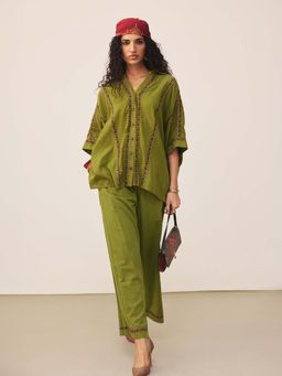 Ritu Kumar - Green Cotton Slub Embroidered Shirt with Pant
