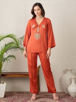 First Resort by Ramola Bachchan - Women Orange Embroidered Collar Top with Pant