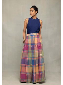 Sutra Art of Clothing - Blue Lotus Meadow Checkered Jamdani Top with Skirt
