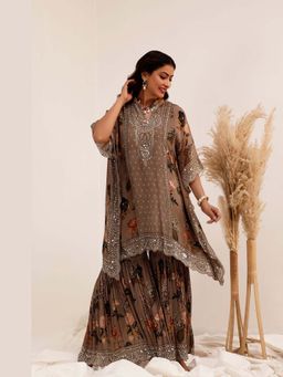 SURKH SYAHI - Aaina Brown Chinon Floral Slip with Kaftan and Sharara
