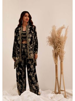 SURKH SYAHI - Black Crepe Floral Crop Top with Palazzo and Jacket