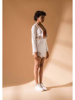 Meko Studio - White Cotton V-Neck Blazer with Skirt