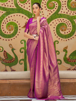 Akhilam - Women'S Kanjivaram Silk Magenta Handloom Saree With Blouse Piece with Unstitched