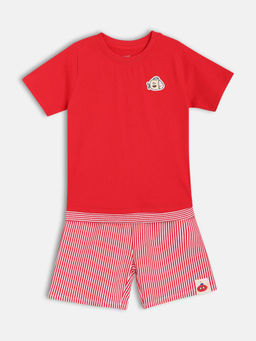 MINI KLUB - Red Cotton Solid T-Shirt with Shorts (Set of 2)