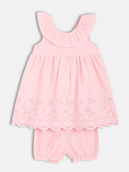 MINI KLUB - Pink Cotton Solid Schiffli Dress with Bloomer