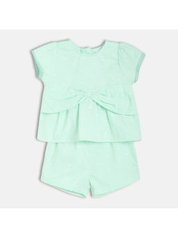 MINI KLUB - Green Cotton Self Design Top with Shorts (Set of 2)