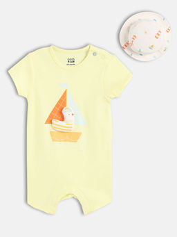 MINI KLUB - Yellow Cotton Applique Romper with Hat (Set of 2)