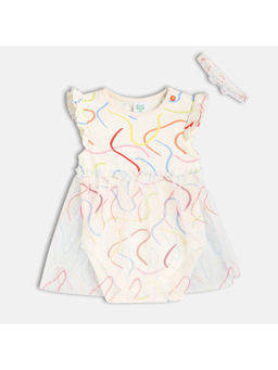 MINI KLUB - White Cotton Printed Bodysuit with Hair Band (Set of 2)