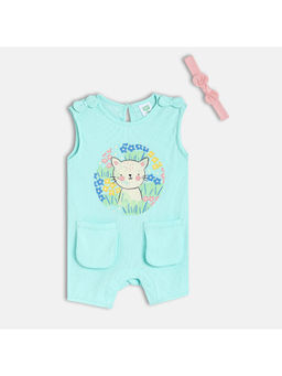 MINI KLUB - Blue Cotton Printed Romper with Hair Band (Set of 2)