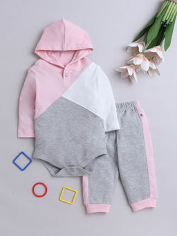 Bumzee - Melange Girls Cotton Hooded Bodysuit with Joggers (Set of 2)